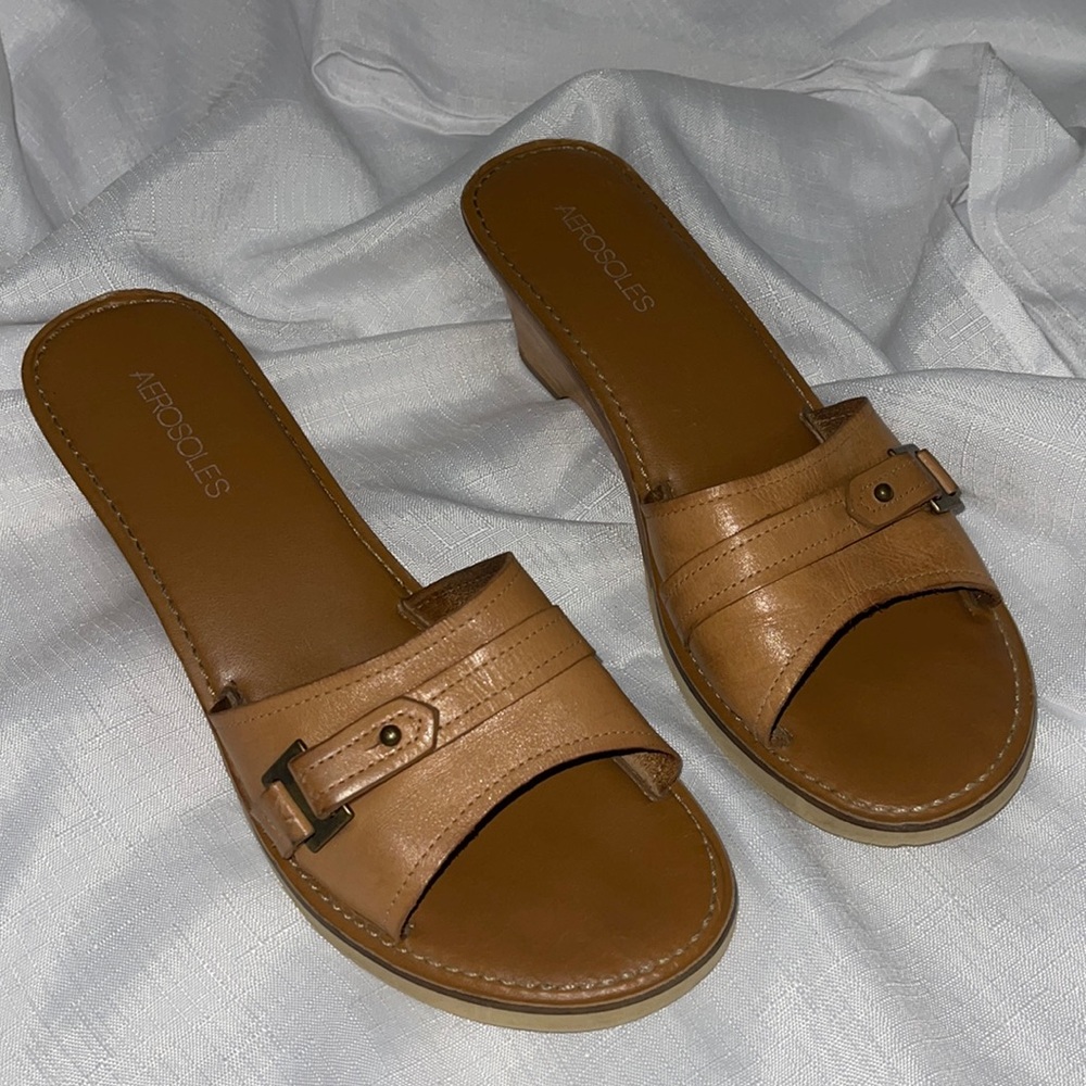 AEROSOLES Tan Leather Slide Mules